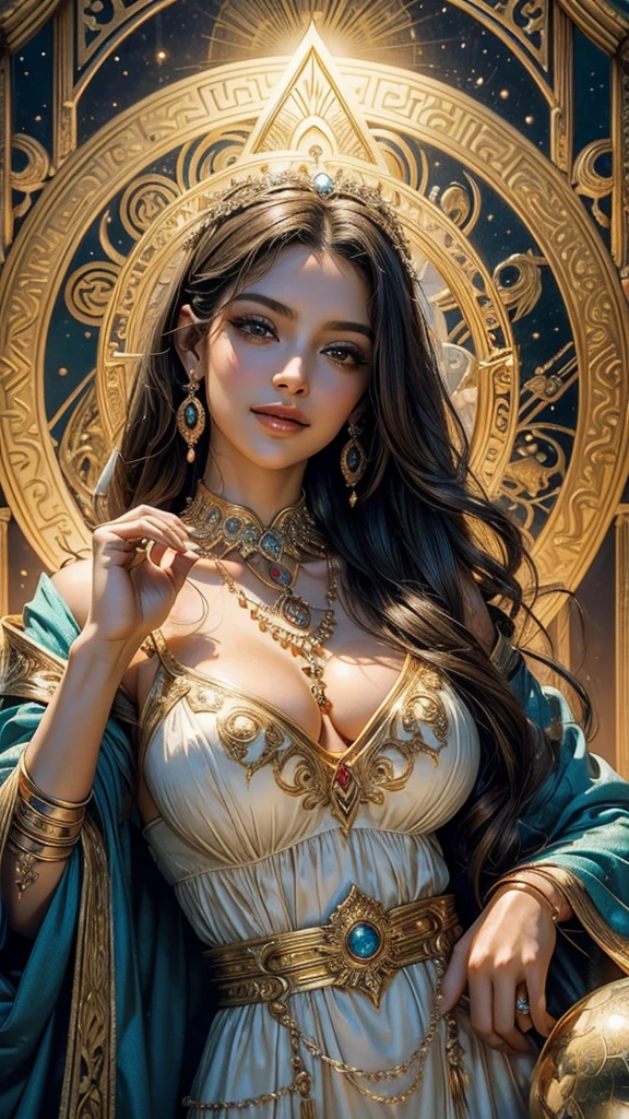 masterpiece, Highest quality, Super detailed, Realistic, Greek Mythology, Stunningly beautiful Latina woman, They are looking straight at this, Beautiful Eyes, Beautiful Face, smile, A Legend, Gorgeous dress, Upper Body Shot, Mythical world, Gold ornaments,  meditation, Divine halo, magic circle, fortune teller、Oracle Cards、gorgeous、Wish come true