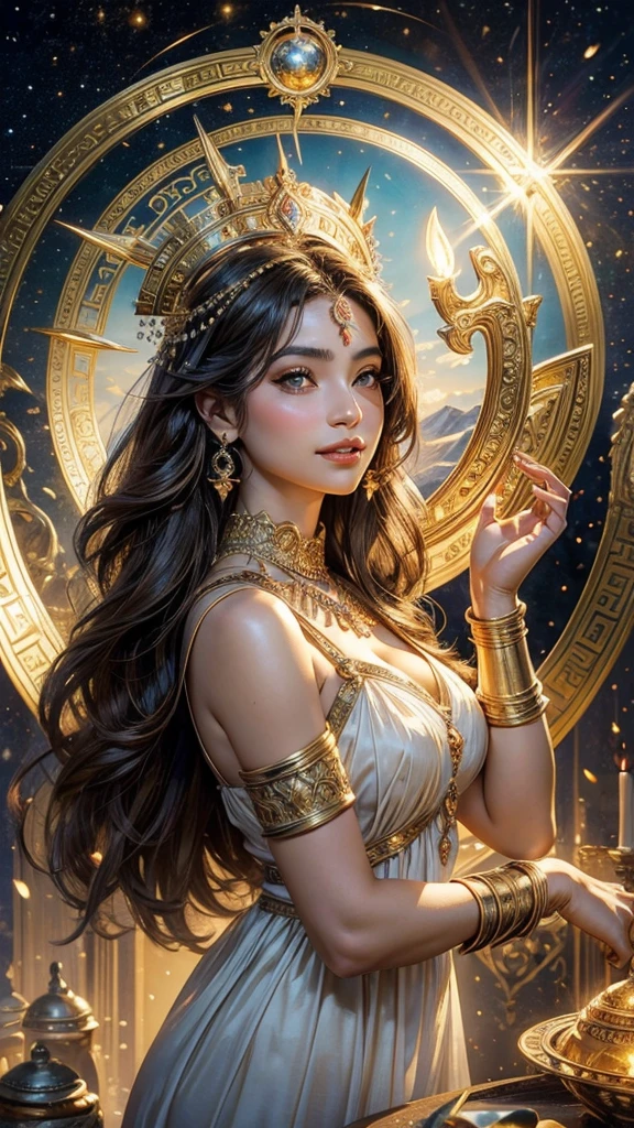 masterpiece, Highest quality, Super detailed, Realistic, Greek Mythology, Stunningly beautiful Latina woman, They are looking straight at this, Beautiful Eyes, Beautiful Face, smile, A Legend, Gorgeous dress, Upper Body Shot, Mythical world, Gold ornaments, meditation, Divine halo, magic circle, fortune teller、Oracle Cards、gorgeous、Wish come true