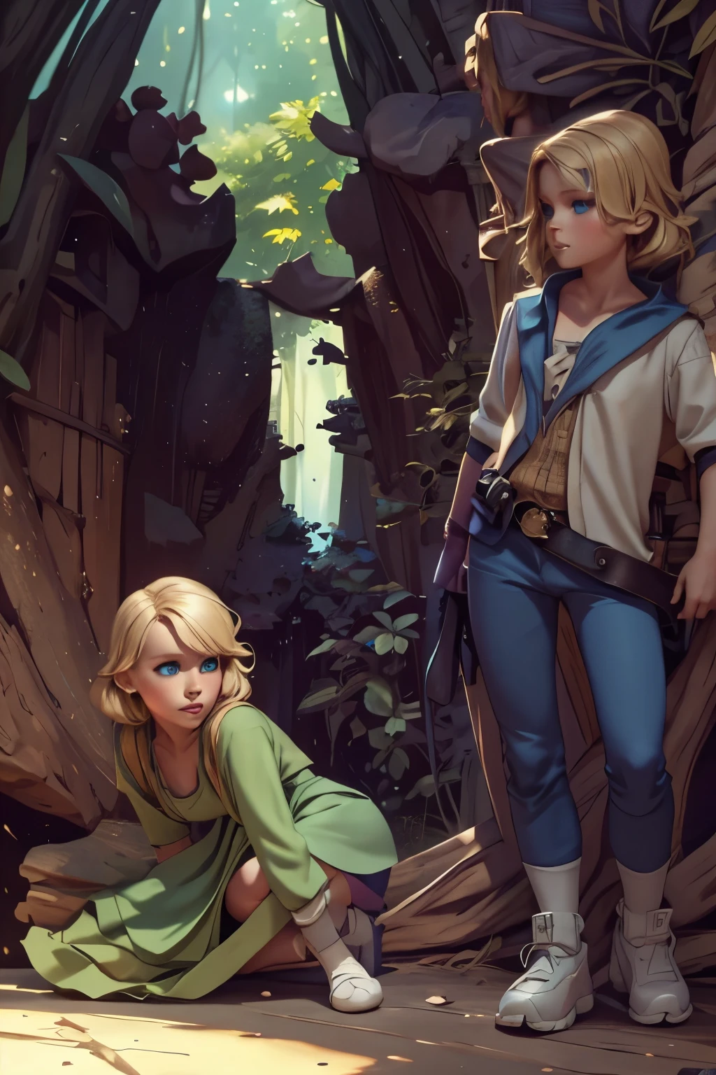 Masterpiece, 4K,8HD,artstation,best qualityer,soft lighting,8k,perfection,forest,,13 year old,adolescent,tree twins,blondes,blue colored eyes, pirates,Juntas,one next to the other,sisters,Caribbean island,day in beautiful