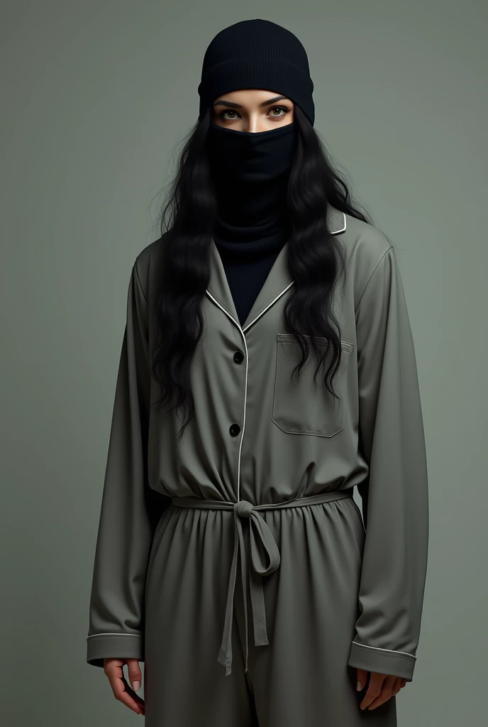 Create a long black haired woman wearing a balaclava and full pajamas,Whole body