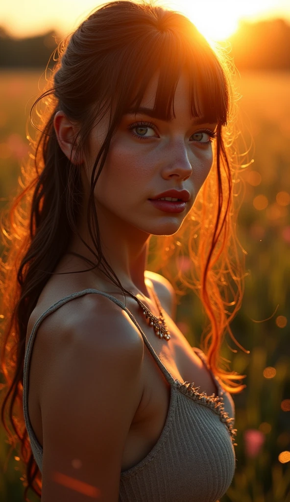 Sun on a farm; volumetric lighting, spectacular, ambient lights, luminous colors, cinematic atmosphere, Realism style, intricate details in high capture. ((best quality: 1.4, 8K)), (((Ultra high resolution, physically based rendering. (((The main scene is wide angle f/1.2, full body woman, Rough appearance, contemporary style, blue eyes; light brunette, 3, wearing square glasses ))); small, well-focused eyes; thin, Detailed eyebrows (dark brown hair half-combed, bangs), Very detailed skin texture, slight dimple on the face without makeup, Mouth. small with burgundy lipstick 1.4, long dress 1.6 )) ), ((normal body thin abdomen, Narrow waist, sharp and clear facial features)); (beaming expression: 1.3, looking to the right side of the scene: 1.2), (( (completely semi-dark background)slight cleavage in front: 1.8)), legs one in front of the other: 1, 4, ((exposed detail: 1.4, full frontal position of the scene 1.5)), ((Many bright and colorful particles are flying: 1.5, backlit)).