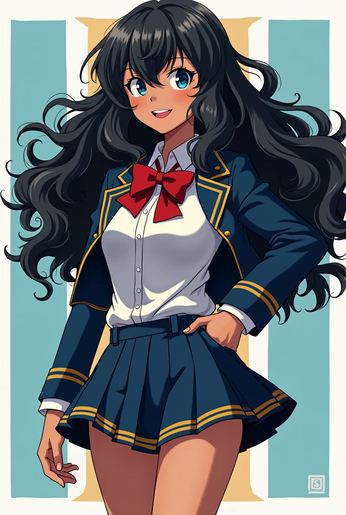 Girl with long curly hair and long bangs and wearing a My Hero Academia uniform with medium-dark skin and not so much makeup and the U in the background.A de my hero academia 

