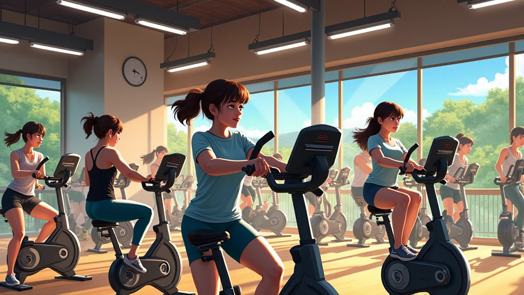  Pictures inspired by Naohisa Inoue, Pixiv competition winner, Serial art, there are many people on exercise bikes in a 健身房，background a gym, hedonic treadmill, healthy, Plenty of light, Natural soft lighting,