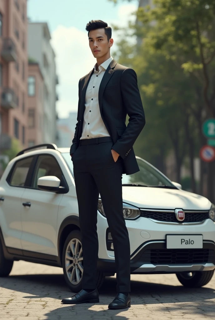 A tall white man with black hair stands next to a white Fiat Palio car 