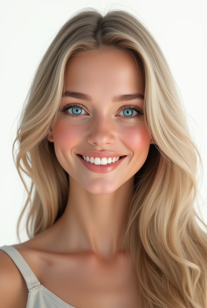 Belle fille de 20 ans, realistic, long hair, blond clair, blue eye, souriante, dent blanche, smooth hair, très realistic, cheveux très très plat, photo identité, sur fond png, mega realiste