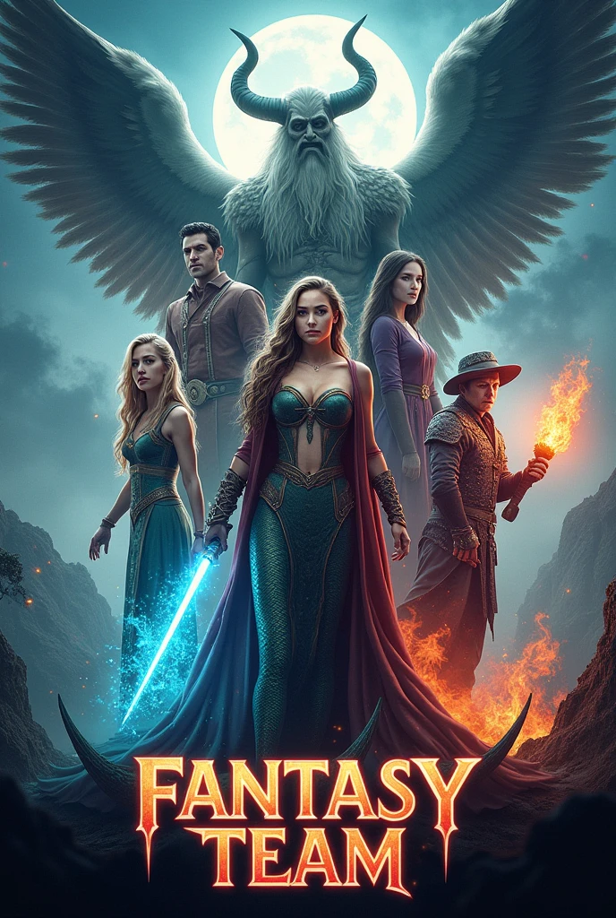 Cartoons of mythical beings: mermaids and sirens,hadasy hados,Vampires ,zombie and demons ,Angels and wizards on a movie poster that says fantasy team