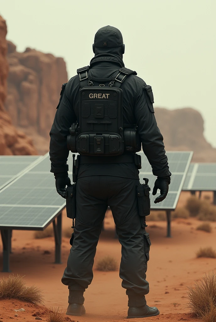 man 1.80 tall working in a desert as a security guard with black tactical clothing that comes out from behind with a rustic texture so that his face is not visible, only his back, and in front of him there are solar panels