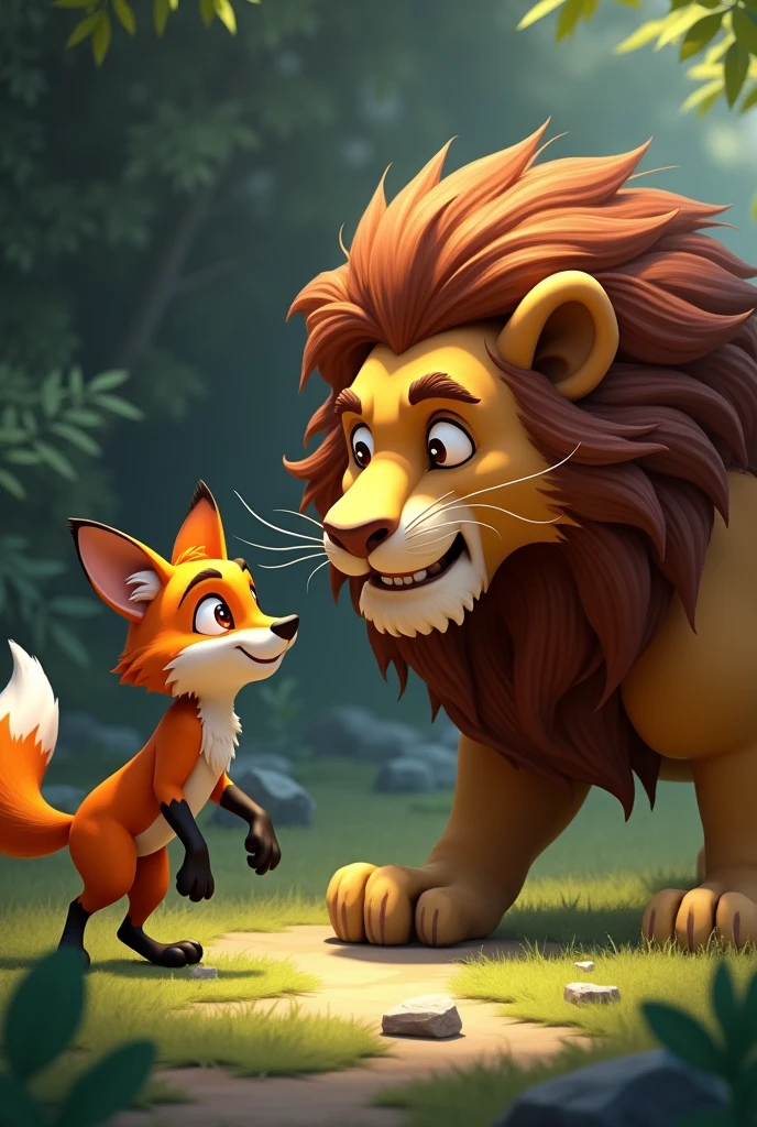 Prompt: "A fox using clever tactics to outwit the lion, with the fox appearing cunning and the lion looking puzzled.""