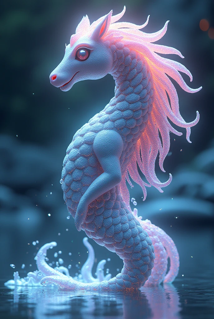 A sparkling holographic kelpie, its luminous mane shimmers like cosmic stardust, refracting vivid rainbow hues with each movement. The digital anime artwork captures this mythical creature in a dynamic pose, showcasing its sleek, aquatic form against a futuristic backdrop. The intricately detailed scales glint with pixelated precision, while virtual water droplets cascade elegantly off its silvery skin. This stunning image exudes an otherworldly charm, mesmerizing viewers with its magical, hi-tech allure.