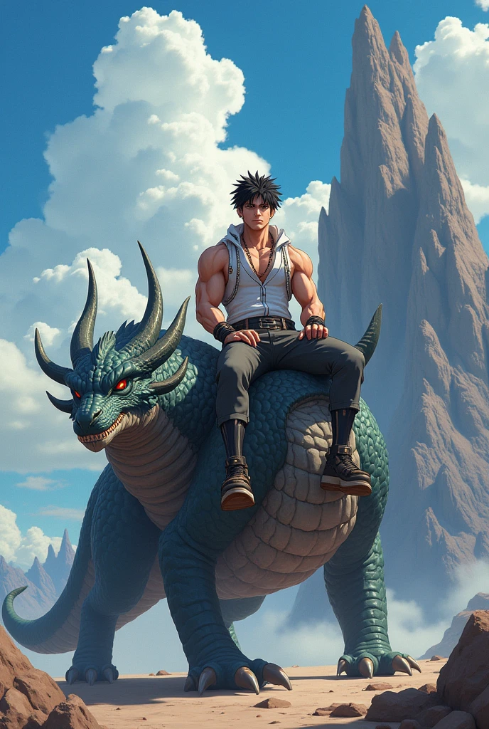 Anime  with a drogn pet and his is stting on his pet bodybuilder boy 