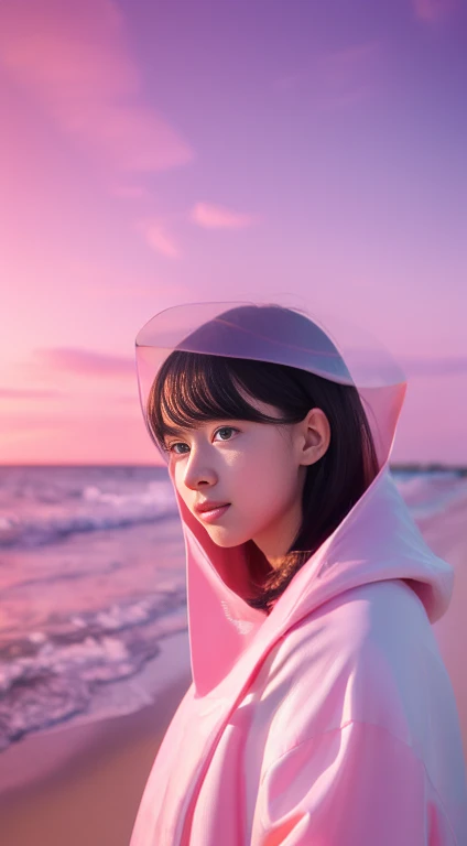 (8k, RAW Photos, Highest quality, Tabletop: 1.2), (Realistic, Realistic: 1.37) There are many pink shell on the beach, There is water, pearly, pearls and shell, soft spills, Pearl processing, pink jellyfish everywhere, Soft 3D Rendering, Mysterious Bubbles, bubble landscape, Iray shader, Pastel Pink, pink reflections, pearl sky, shell, paradise pink, pastel colour, Pink pastel, 1 tiny tiny girl in the shell