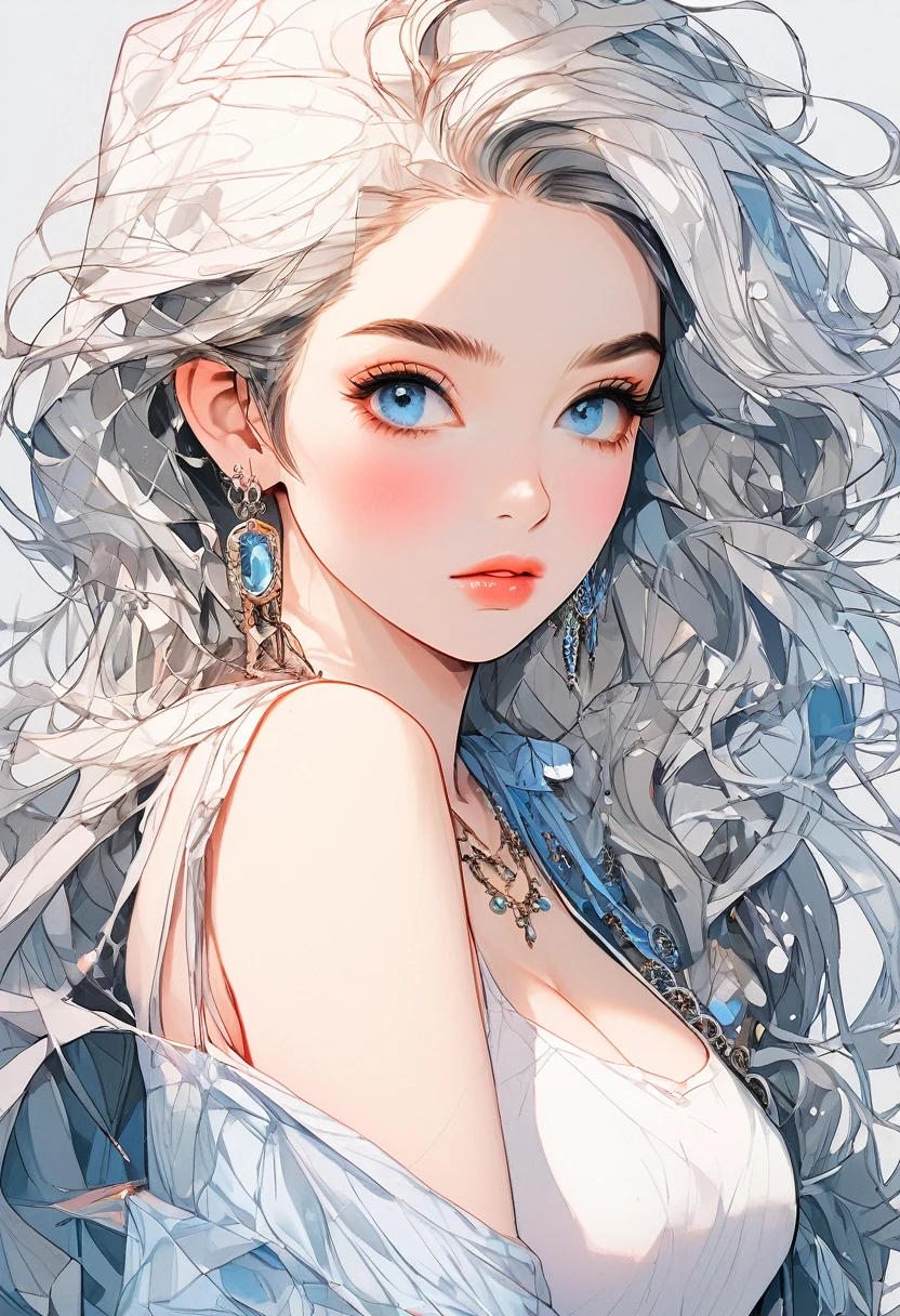 (Highest quality:0.8), (Highest quality:0.8), Perfect illustration((masterpiece, Highest quality)), Realistic, High resolution, Soft Light, 1 Female, Age 25, alone, Hip Up, blue eyes, Gray Hair, Long Hair, jewelry, tattoo, Streetwear
