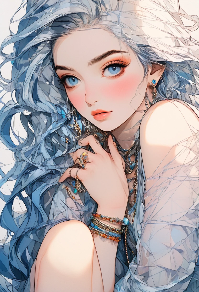 (Highest quality:0.8), (Highest quality:0.8), Perfect illustration((masterpiece, Highest quality)), Realistic, High resolution, Soft Light, 1 Female, Age 25, alone, Hip Up, blue eyes, Gray Hair, Long Hair, jewelry, tattoo, Streetwear