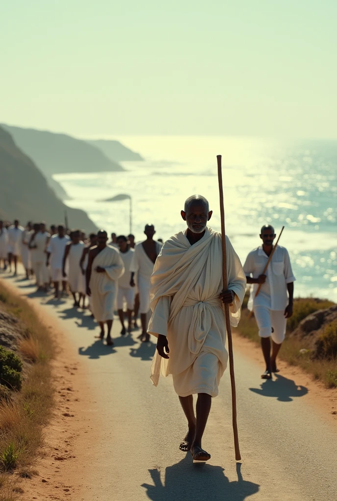 Salt March (1930):** Mahatma Gandhi leading a group of followers on the famous Dandi March, walking along a coastal road, holding a stick, with the ocean visible in the background, representing civil disobedience against British rule