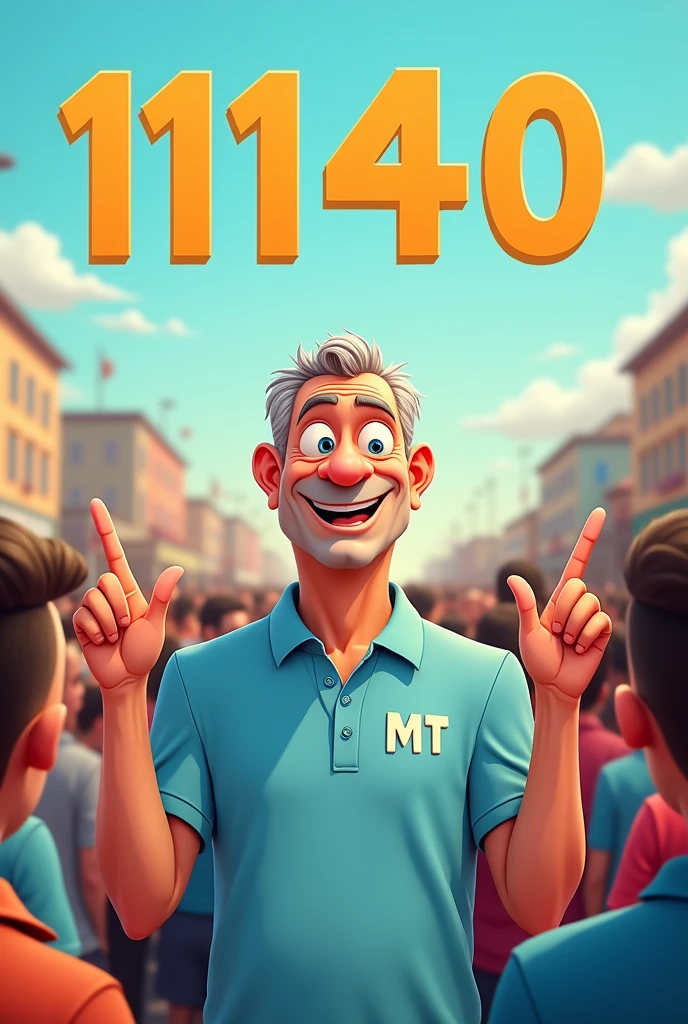Cartoon de Um homem, looking 50 years old, in a light blue polo shirt, on the shirt it says MT, The man is in the middle of a crowd, lifting just one finger on each hand, and a number 11140 in the sky.
