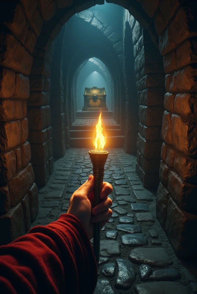 Draw a dark dungeon corridor, fancy, RPG, there is a hand as if it were the reader's hand holding a torch, as if it were a first person game where the player is exploring this dungeon, the corridor is very narrow and dangerous, in front of the reader there is a golden chest