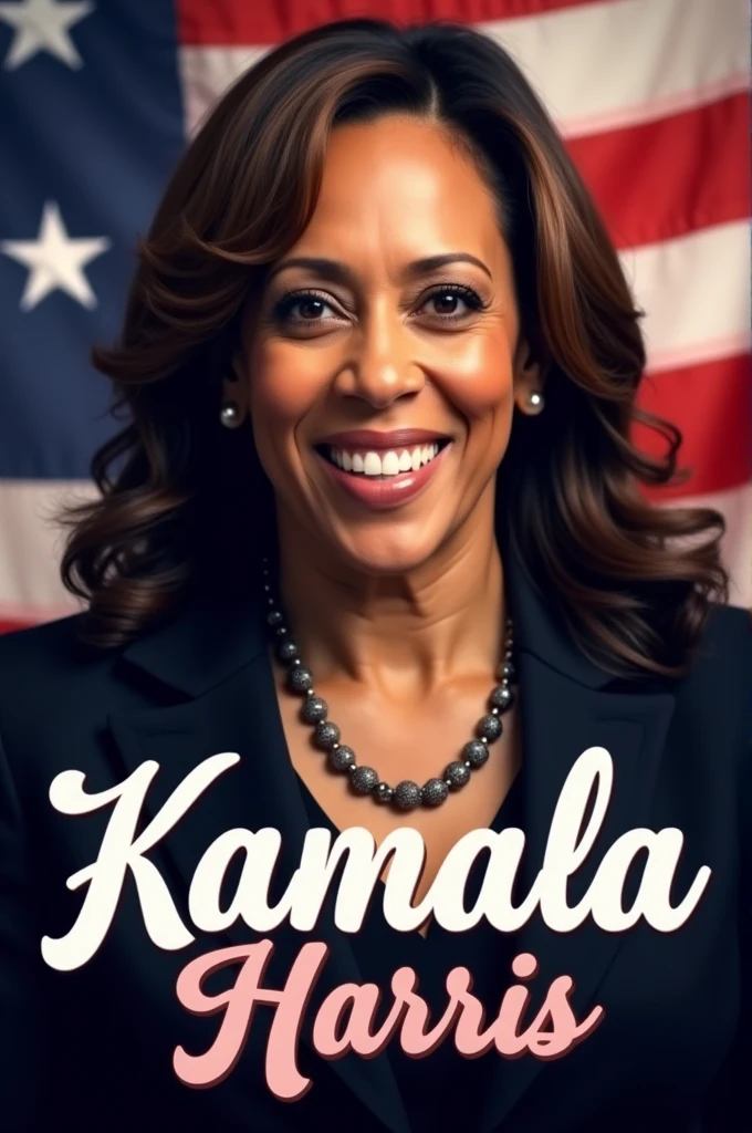 Kamala Harris' Big Night!" Use a bold, eye-catching font that stands out against the background. You could use a playful script font or a strong sans-serif font. Ensure it's easily readable even from a distance. Consider placing it over Harris' chest or below her face.