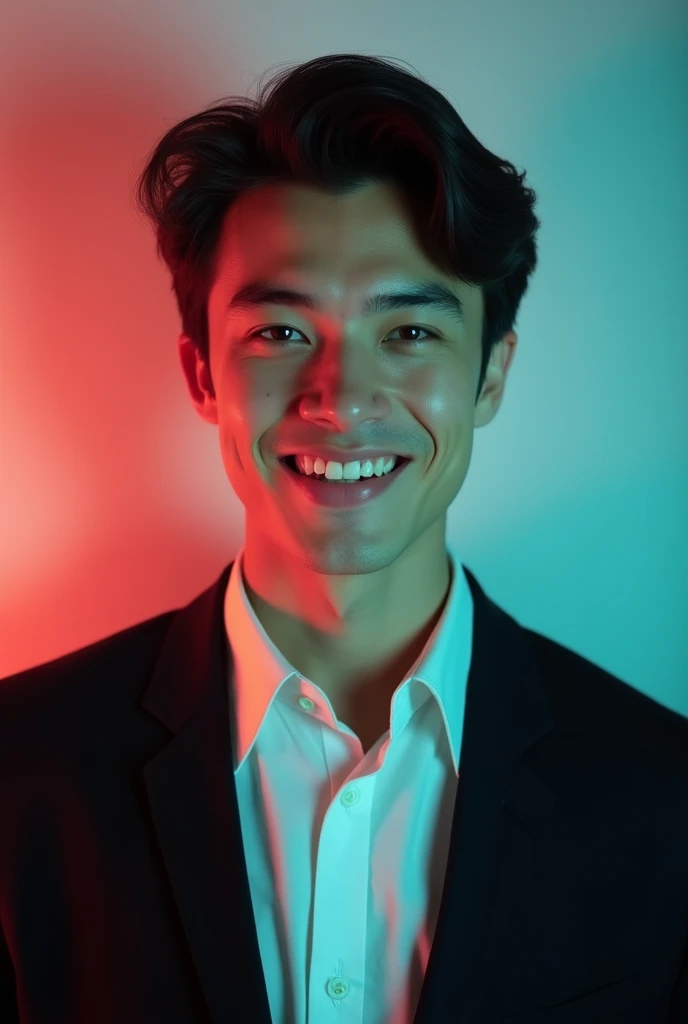 A young Man With Dark hair and a confident smile He is Dressed in a black blazer over a white shirt The man is positioned against aqua colour backdrop with a subtle red lighting on the left side and he posing for Linkedin profile