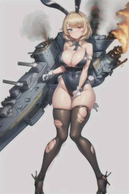 HMS_Renown \(warship girls r\),((masterpiece)),(((best quality))),((ultra-detailed)),((illustration)),((disheveled hair)),((frills)),1girl, aircraft, bangs, black footwear, black legwear, blonde hair, blush, breasts, broken, carrot, cleavage, covering, covering breasts, damaged, defeat, fake animal ears, fire, gradient, high heels, large breasts, long hair, looking at viewer, mecha musume, military vehicle, pantyhose, playboy bunny, rabbit ears, rocket launcher, short hair, smoke, solo, torn bodysuit, torn clothes, torn dress, torn gloves, torn legwear, torn leotard, torn panties, torn pants, torn shirt, torn skirt, torn sleeves, torn swimsuit, Redraw your eyes, (blue left eye:1.2), Heterochromia, (yellow right eye:1.2), Anyone can have heterochromia,
