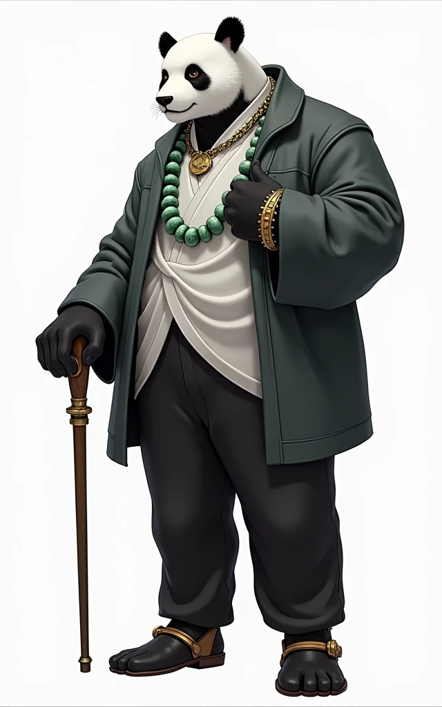 (masterpiece, top quality, best quality, official art,beautiful and aesthetic:1.2),(4k,8k, best quality,masterpiece:1.2),(((white background))), solo,Game character, the panda person, a game character inspired by pandas, wearing a black and white robe, adorned with a jade bead necklace and bracelet, viewed from multiple angles including back view and side view, holding a cane. The structure is clear and accurate, with a modern realistic representation and consistent lighting that looks natural and believable.