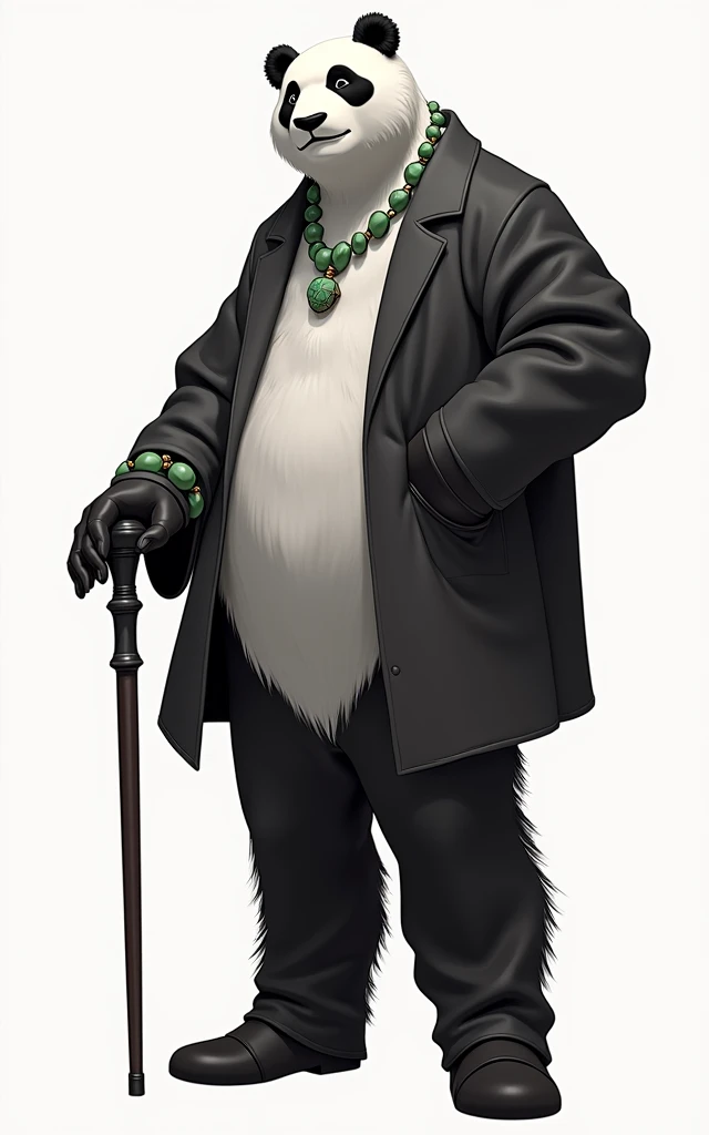 (masterpiece, top quality, best quality, official art,beautiful and aesthetic:1.2),(4k,8k, best quality,masterpiece:1.2),(((white background))), solo,Game character, the panda person, a game character inspired by pandas, wearing a black and white robe, adorned with a jade bead necklace and bracelet, viewed from multiple angles including back view and side view, holding a cane. The structure is clear and accurate, with a modern realistic representation and consistent lighting that looks natural and believable.
