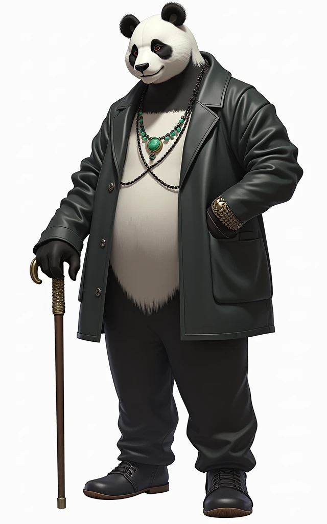 (masterpiece, top quality, best quality, official art,beautiful and aesthetic:1.2),(4k,8k, best quality,masterpiece:1.2),(((white background))), solo,Game character, the panda person, a game character inspired by pandas, wearing a black and white robe, adorned with a jade bead necklace and bracelet, viewed from multiple angles including back view and side view, holding a cane. The structure is clear and accurate, with a modern realistic representation and consistent lighting that looks natural and believable.