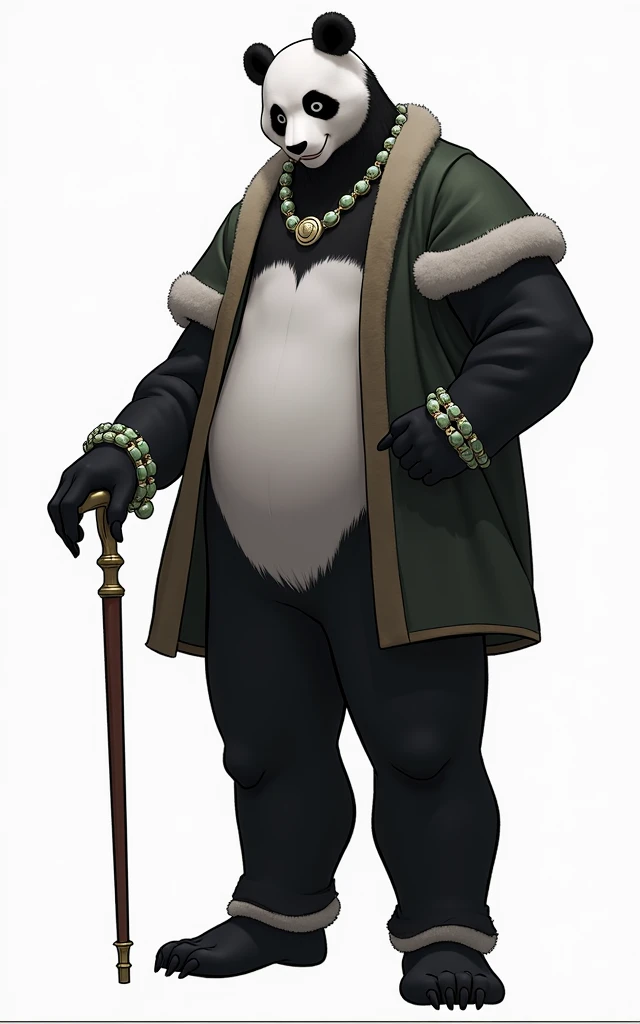 (masterpiece, top quality, best quality, official art,beautiful and aesthetic:1.2),(4k,8k, best quality,masterpiece:1.2),(((white background))), solo,Game character, the panda person, a game character inspired by pandas, wearing a black and white robe, adorned with a jade bead necklace and bracelet, viewed from multiple angles including back view and side view, holding a cane. The structure is clear and accurate, with a modern realistic representation and consistent lighting that looks natural and believable.