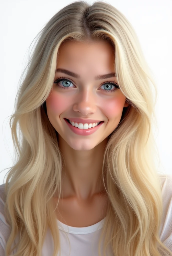 Belle fille de 20 ans, realistic, long hair, blond clair, blue eye, souriante, dent blanche, smooth hair, très realistic, cheveux très très plat, photo identité, sur fond png, mega realiste