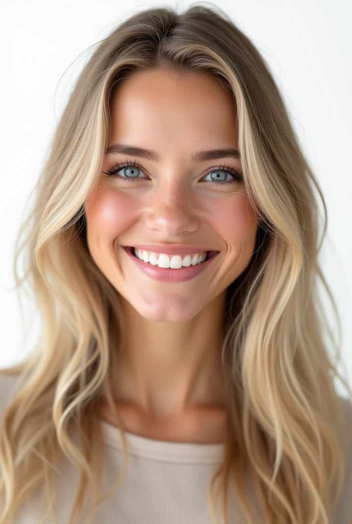 Belle fille de 20 ans, realistic, long hair, blond clair, blue eye, souriante, dent blanche, smooth hair, très realistic, cheveux très très plat, photo identité, sur fond png, mega realiste