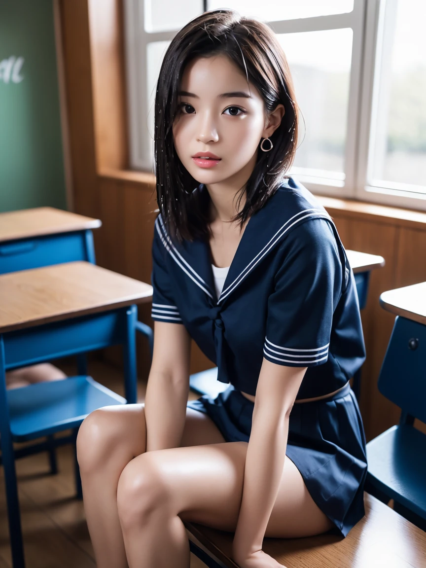 masterpiece:1.2, Very detailed, Ultra-high resolution, Realistic, photo Realistic:1.6, High-resolution RAW color photos, Professional photos, Sharp focus:1.2, Very detailed顔と肌の質感, Very beautiful eyes, Glossのある肌, Glowing Skin, Glowing Skin, Shining Face, Gloss, Oily skin, greasy face, Oily skin, greasy face,, real Glossのある肌 texture, Perfect Anatomy, Very detailed背景,(High school classroom at night),1 female,25-year-old woman, Japanese women,height: 168cm,short hair, Straight hair, bangs, Brown Hair,((Flat Chest:1.6)),Slender legs, (See-through white short-sleeved sailor suit、Navy blue pleated mini skirt:1.5、Sexy T-panties under skirt),(A sailor uniform that was wet from the rain and very transparent:1.5),Earrings,(Sitting on a desk with your knees:1.4)
