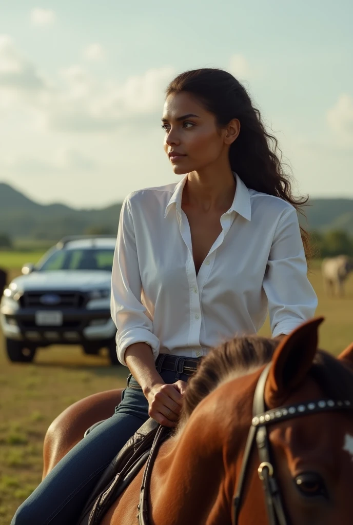 Create image of light-brown Brazilian woman, strong and delicate face, brown dark eyes, high performance training, personal development and extra income riding a horse on a farm wearing a white shirt, oxen and a white ford ranger truck