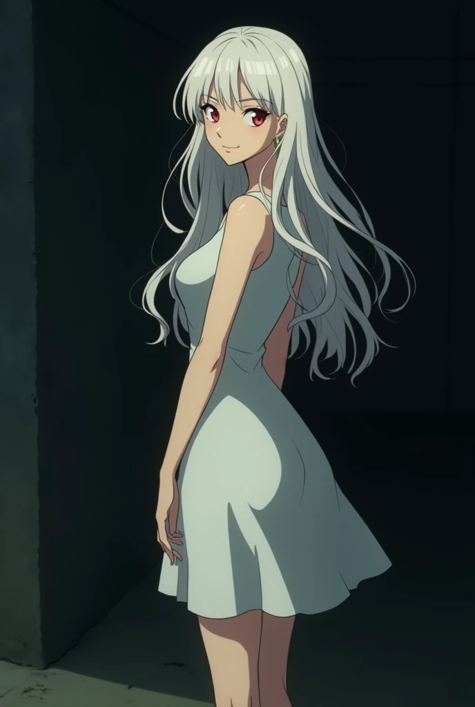 The image is in the style of a Ghibli studio anime., although somewhat gloomy and adult, It features a 20-year-old albino adult woman.. She is standing in front of a black wall, you see him from behind, She has long hair and red eyes. Shown with a smile. She has a white dress that reaches her knees.. strong thighs.
