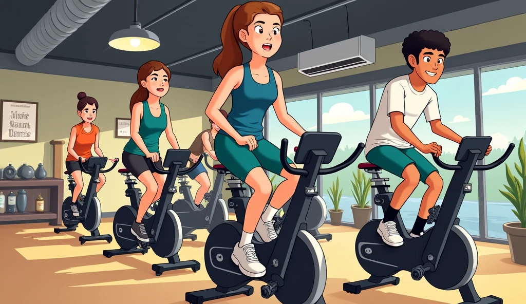 Cartoon Style,Pictures inspired by Naohisa Inoue, Pixiv competition winner, Serial art, there are many people on exercise bikes in a 健身房,background a gym, hedonic treadmill, healthy, Plenty of light, Natural soft lighting,