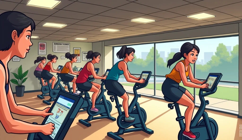  Cartoon Style，Pictures inspired by Naohisa Inoue, Pixiv competition winner, Serial art, there are many people on exercise bikes in a 健身房，background a gym, hedonic treadmill, healthy, Plenty of light, Natural soft lighting,