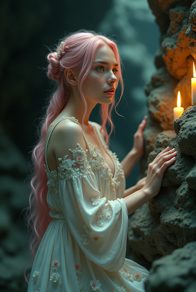 25 year old rosé, (angelic facial expression), Textured light skin, shiver, pink hair,  greeneyes, wearing a white dress with floral prints, posture touching a rock, dark and mysterious cave with unique rock formations and hidden wonders, perfects eyes, (candle light,Bright dark), Support 160 colors.