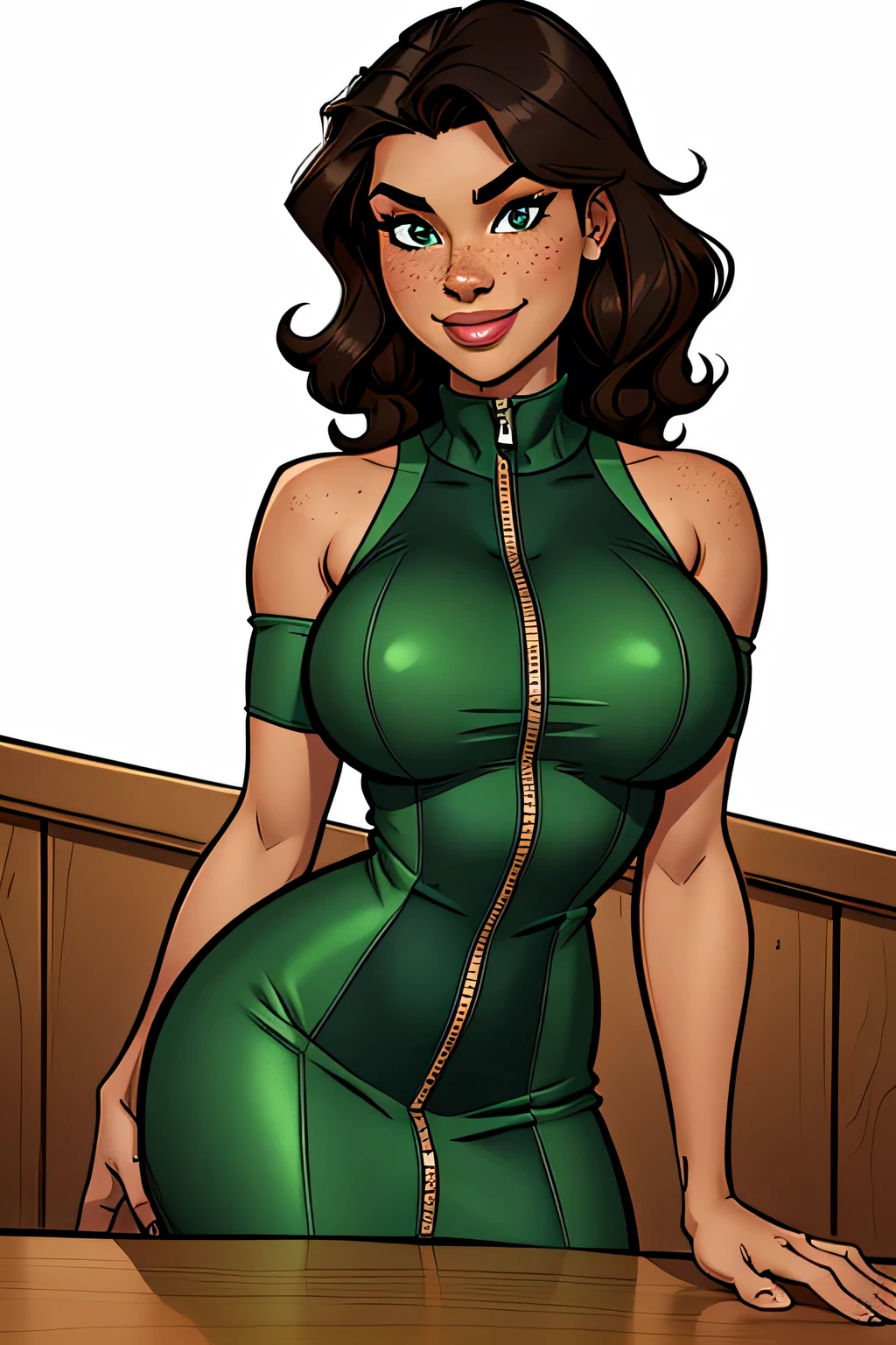 Thin woman, age 25, 4K (High definition), beautiful smiling, seducing gaze, eyes browns, wearing a fluorescent green boat neck dress (com zipper lateral) and short sleeves, arms extended to the side of the body, brown skin, Bblack hair (curly to the shoulders), upper body (with a table in front of you), full of curves with freckles on her chest and neck, round breasts. High-quality Marvel style, white background.