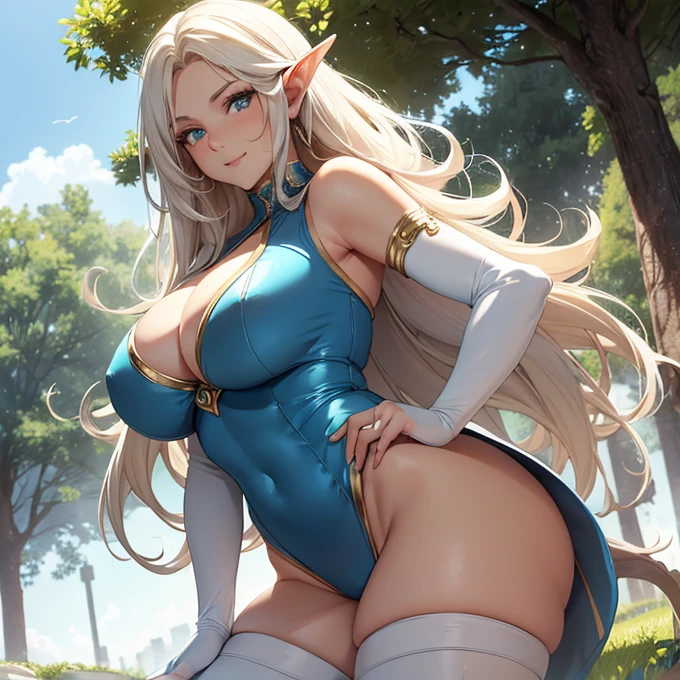 (absurdres, best high quality image, carefuly detailed features and textures, very detailed image): Elf queen 1.000 years old mature adult milf, beautiful face, sexy feminine and sexy features, beautiful light blue eyes, voluptuous body, big breasts, huge butt, beautiful legs, golden long hair, golden eyebrows, (white one-piece leotard, white knee pads, white middle finger sleeves, white elbow pads, white runing shoes, cleavage), fitness, running in the park under the sun of the morning, smiling and enjoying the moment