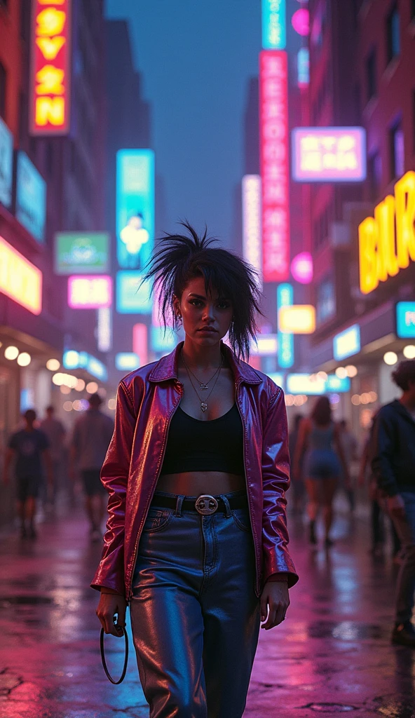 A vibrant 1980s city street, bustling with neon lights and electronic billboards. In the foreground, a bold figure with big hair, bold makeup, and a metallic jacket struts confidently down the sidewalk. She exudes charisma and confidence, perfectly in sync with the electronic beats of the era. Surrounding her are visuals of TVs, radios, and club scenes, showcasing the song’s pervasive presence in the media. The atmosphere is lively, with bright neon colors and a dynamic, energetic vibe that captures the essence of the 1980s music scene. (Size: 1024x1024)

