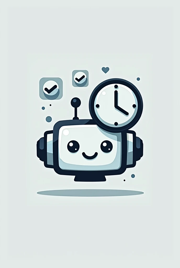 vector image, logo, monochrome, head of a friendly robot, square with rounded edges, with a checkmark, with a clock icon, feeling of dynamism, productivity and efficiency