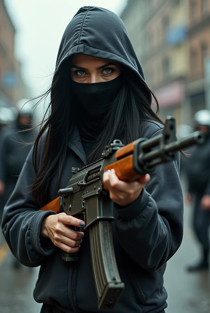 Create a long black haired woman wearing a balaclava and full pajamas,Whole body,with an AK-47,shooting at the police