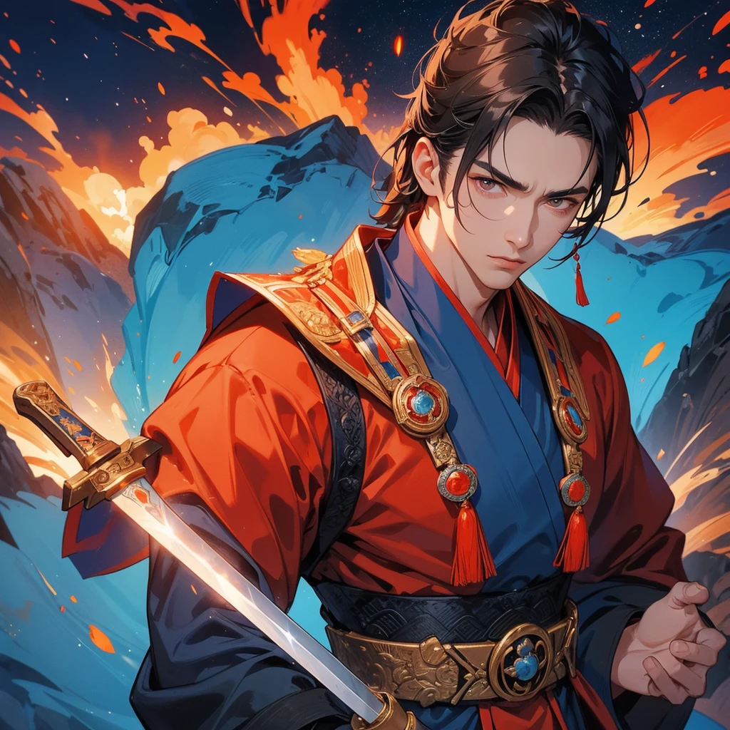 Handsome black-haired male general holding a large sword in blue ancient Chinese costume, Surrounded by a volcano erupting, red and orange, surrounded by volcanic rocks, sunset, close up.