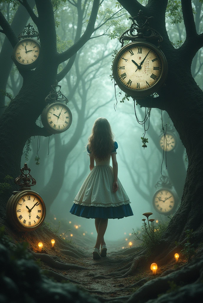 Alice in Wonderland poster with a mysterious style containing clocks, trees, nature 

