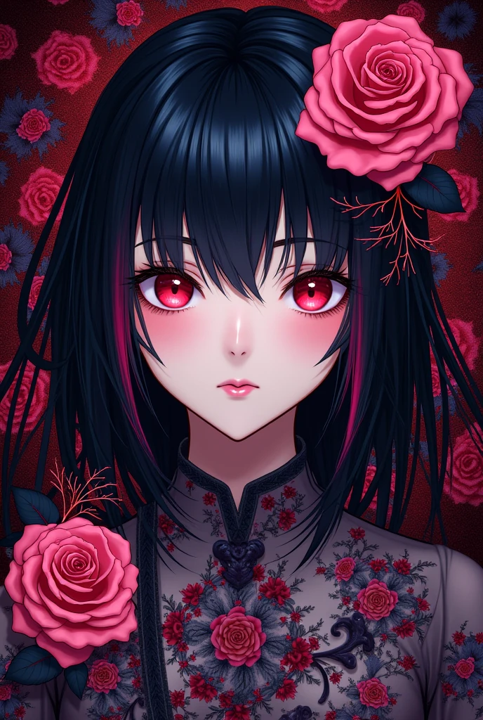(abstract art:1.2), fractal art, psychedelic art, (style of Yuko Shimizu:1.1), red theme, dark theme, 1girl, roses, hair ornament, somber expression, dark blue accent, masterpiece, best quality, ultra high res, award-winning art, highly detailed, beautiful, aesthetic, Nezuko Komado, black hair, red highlights, ((pink eyes)),