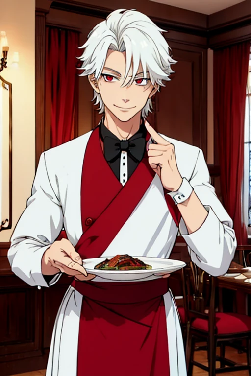 Perfect face. Perfect hands. A young white haired man with red eyes in a butler uniform is serving dinner while smiling in a fancy butler cafe