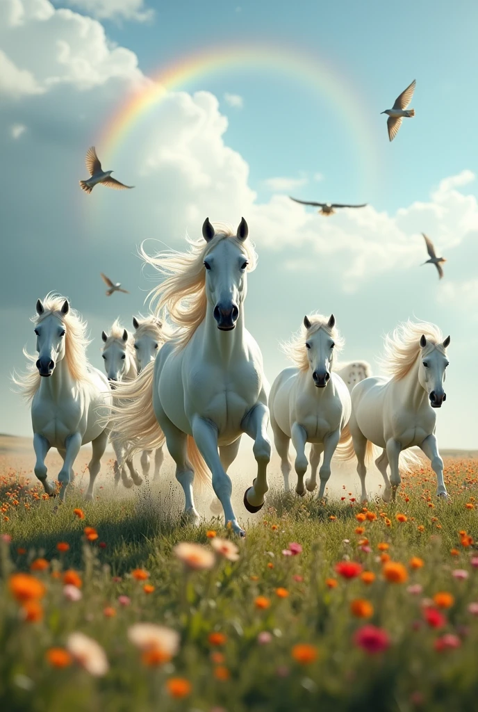 Beautiful white wild horses, riding in the meadow, playa, beautiful meadow, vegetation moisture after rain, multicolored flowers, birds, Circumhorizontal rainbow between the clouds, Photography, bottom shot, lower angle, hyperrealism, 8k, High resolution, masterpiece: 1.2), ultra detailed, (realist, hiperrealist: 1.37)