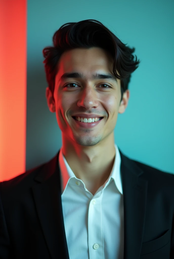 A young Man With Dark hair and a confident smile He is Dressed in a black blazer over a white shirt The man is positioned against aqua colour backdrop with a subtle red lighting on the left side and he posing for Linkedin profile