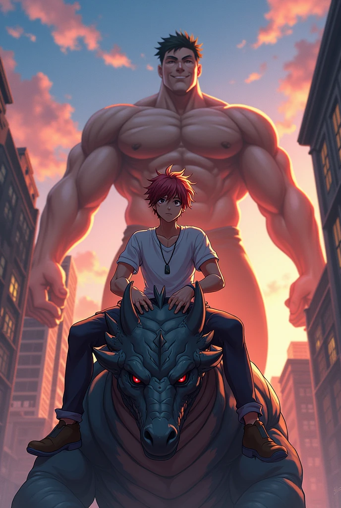 Anime  with a drogn pet and his is stting on his pet bodybuilder boy background building with evening time 