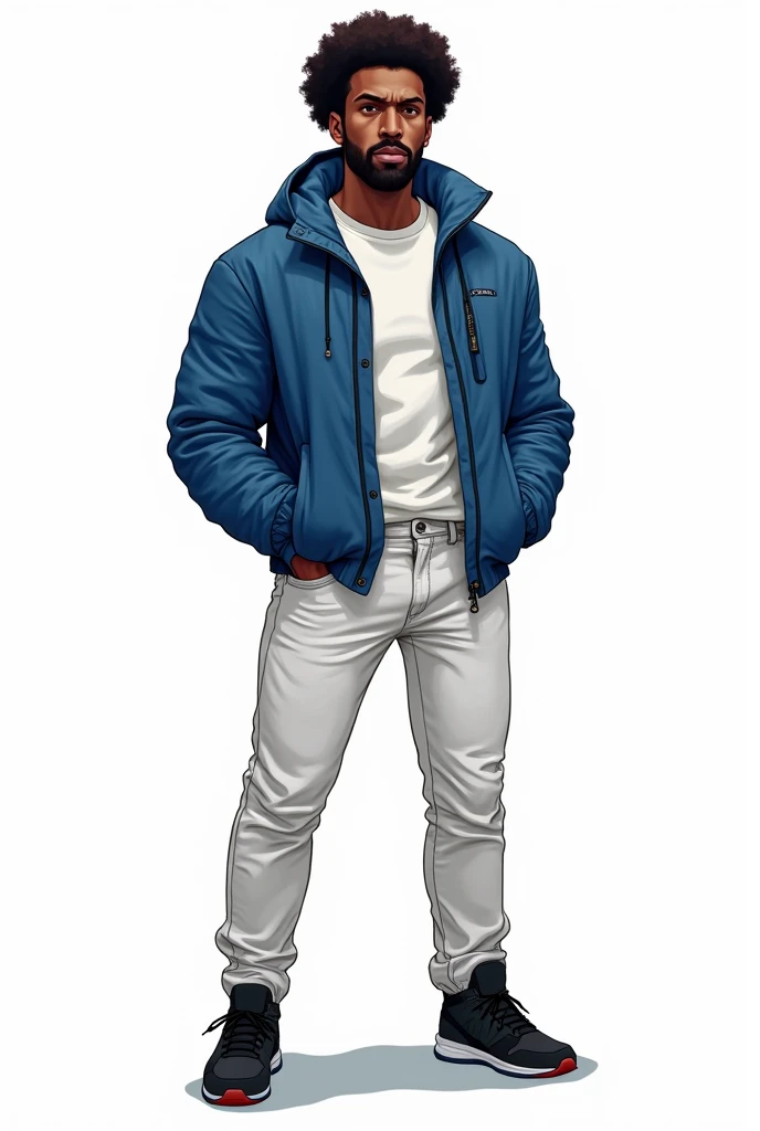 High quality drawing, bright coloured, one men, 30years, 85 kilos, light afro descendant, barba, Average height, very strong, Seriously, Blue jacket, White pants, black sneakers, Apocalypse theme, fully body, white background