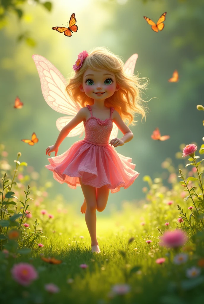A dressed as a fairy in a pink dress running barefoot in the grass with butterflies around her, Disney style