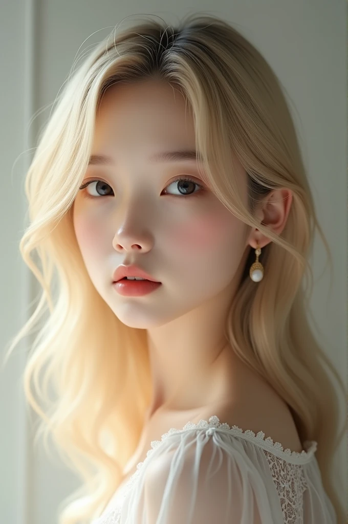 15 year old south Korean girl with white skin black eyes blonde hair and a very beautiful face